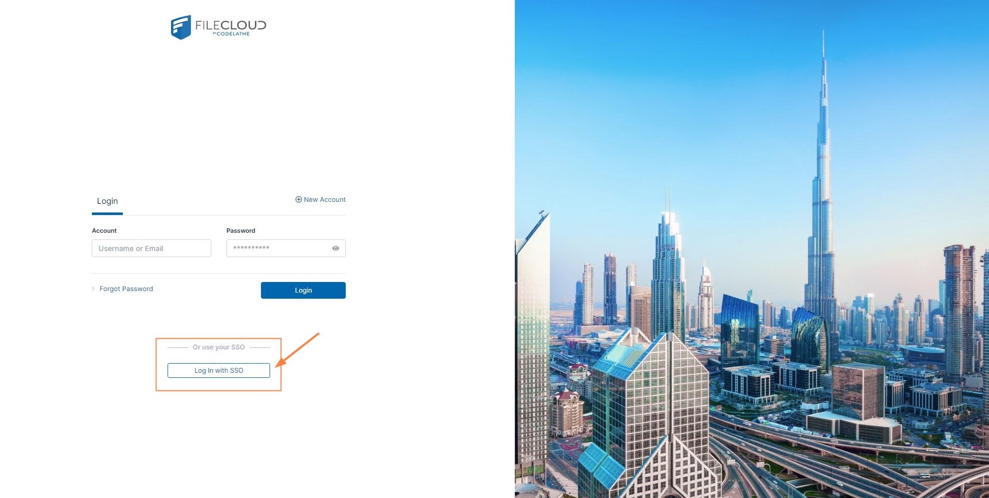 FileCloud User Portal, Login screen