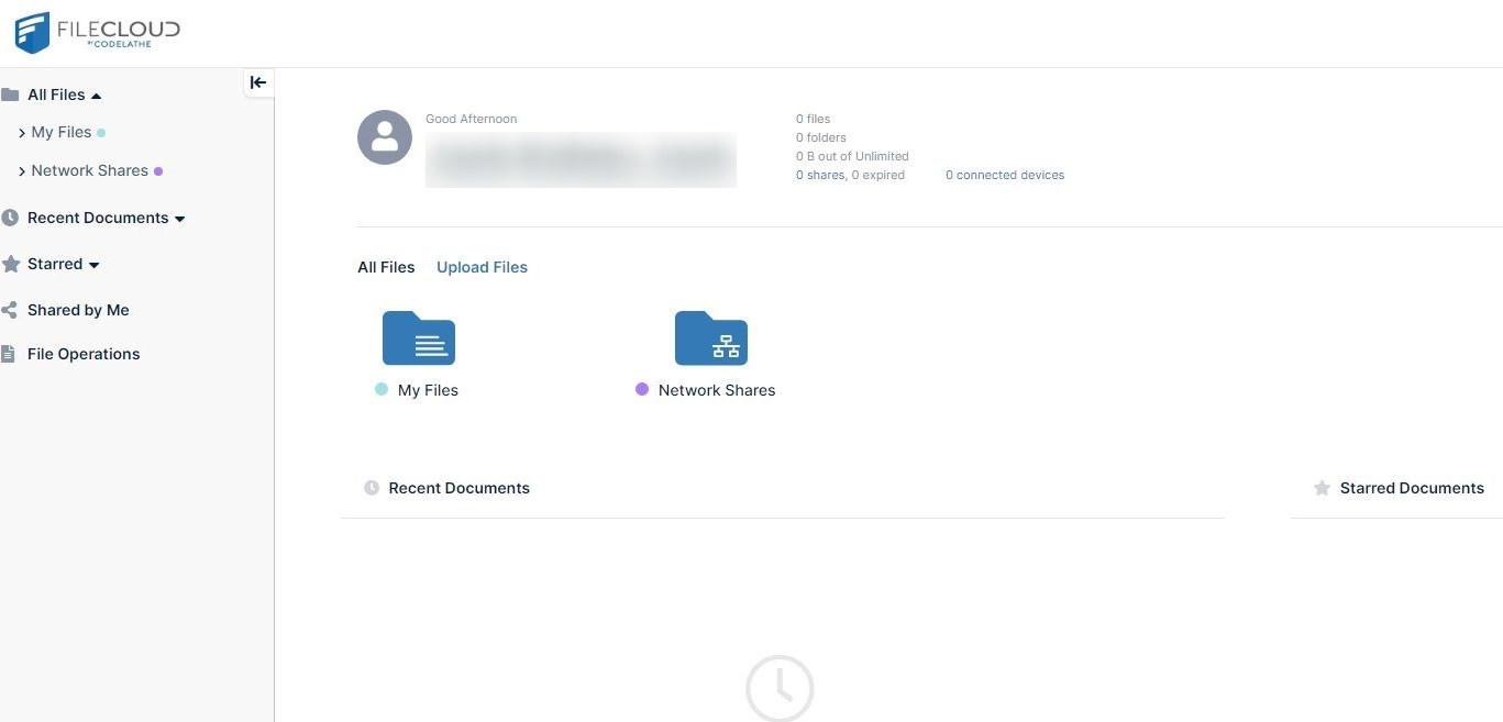 FileCloud User Portal, home page