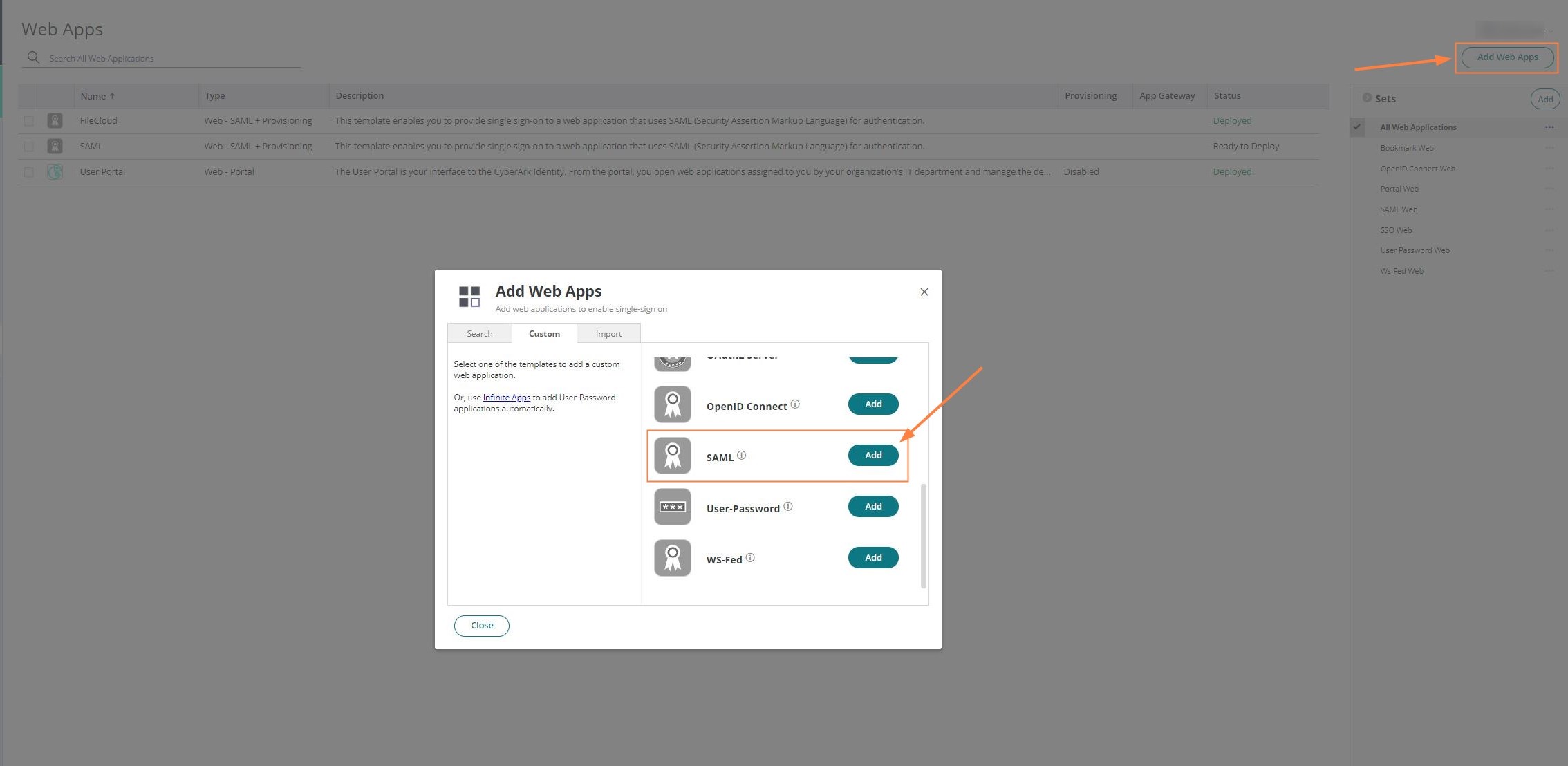 Add Web App window in CyberArk