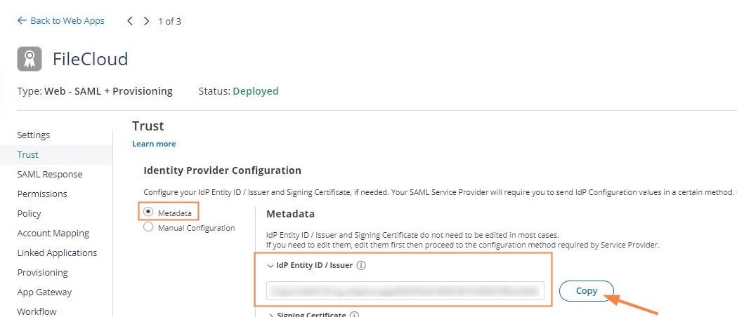 Web App Trust screen in Cyberark. Choose metadata and ecopy IDP Entity ID