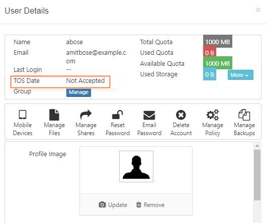 User Details showing TOS not accepted