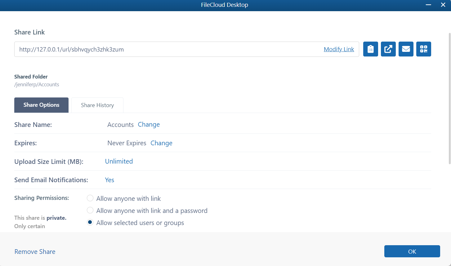 Sharing Files and Folders in FileCloud Desktop for Windows