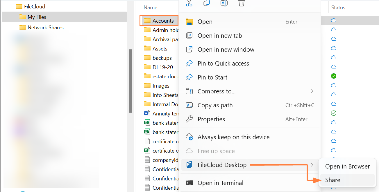 Sharing Files and Folders in FileCloud Desktop for Windows